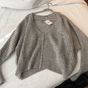 Free People Heather Gray Ribbed V-Neck Sweater